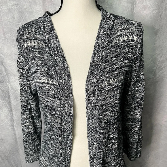 United States Sweaters Black and White Variegated Open Knit 3/4 Sleeve Cardigan - Picture 2 of 10